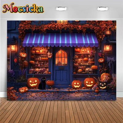 Mocsicka Happy Halloween Background Photography Pumpkin Party Shop Backdrop Night Yellow Leaves Jack-O-Lantern Decoration Banner
