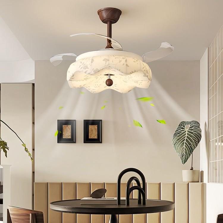 Vintage Song-Style Ceiling Fan Light with Printed Fabric Shade for Bedroom and Dining Room