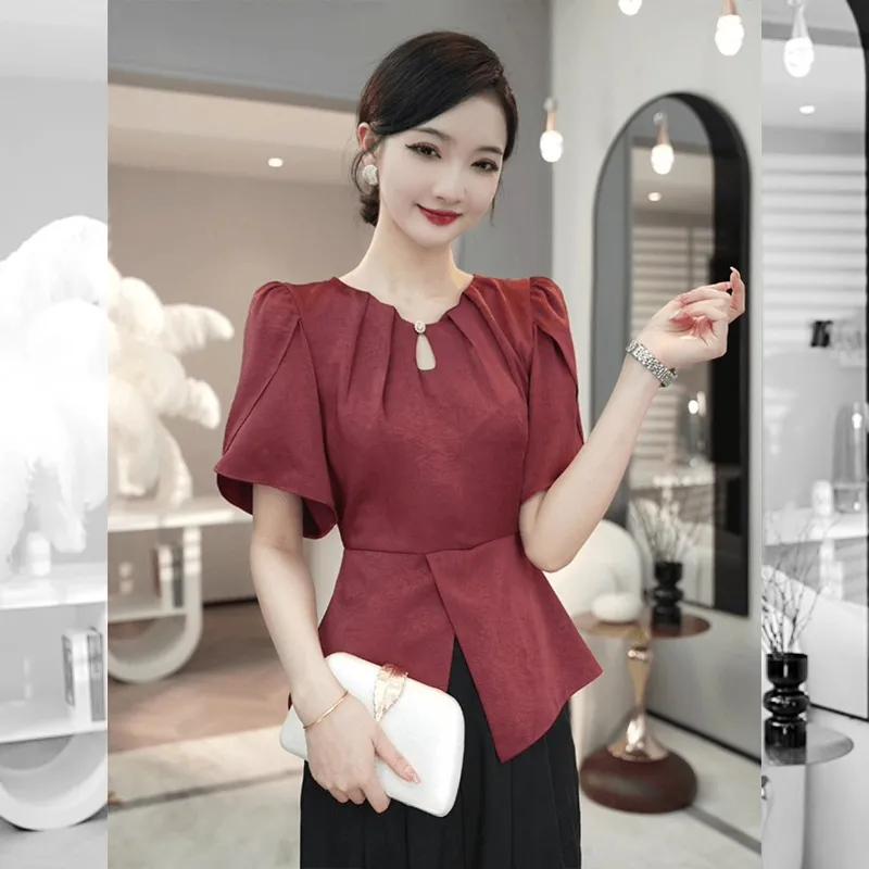 Summer Elegant Peplum Blouse Short Sleeve V-Neck Keyhole Top Puffed Shoulders