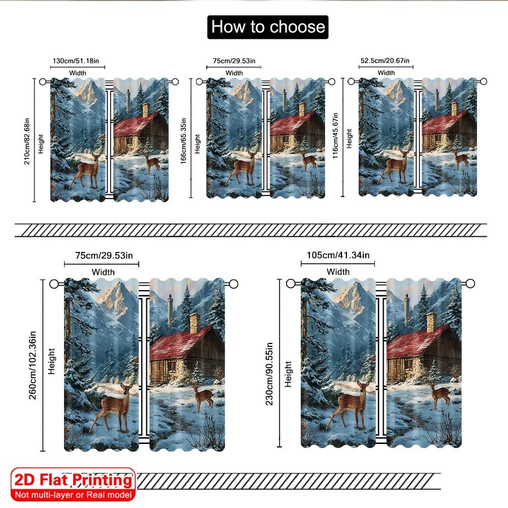 2pcs 2D flat printing Merry Christmas Party Curtains Cardinal Deer (8) Durable Polyester Without Electricity Festive Holiday