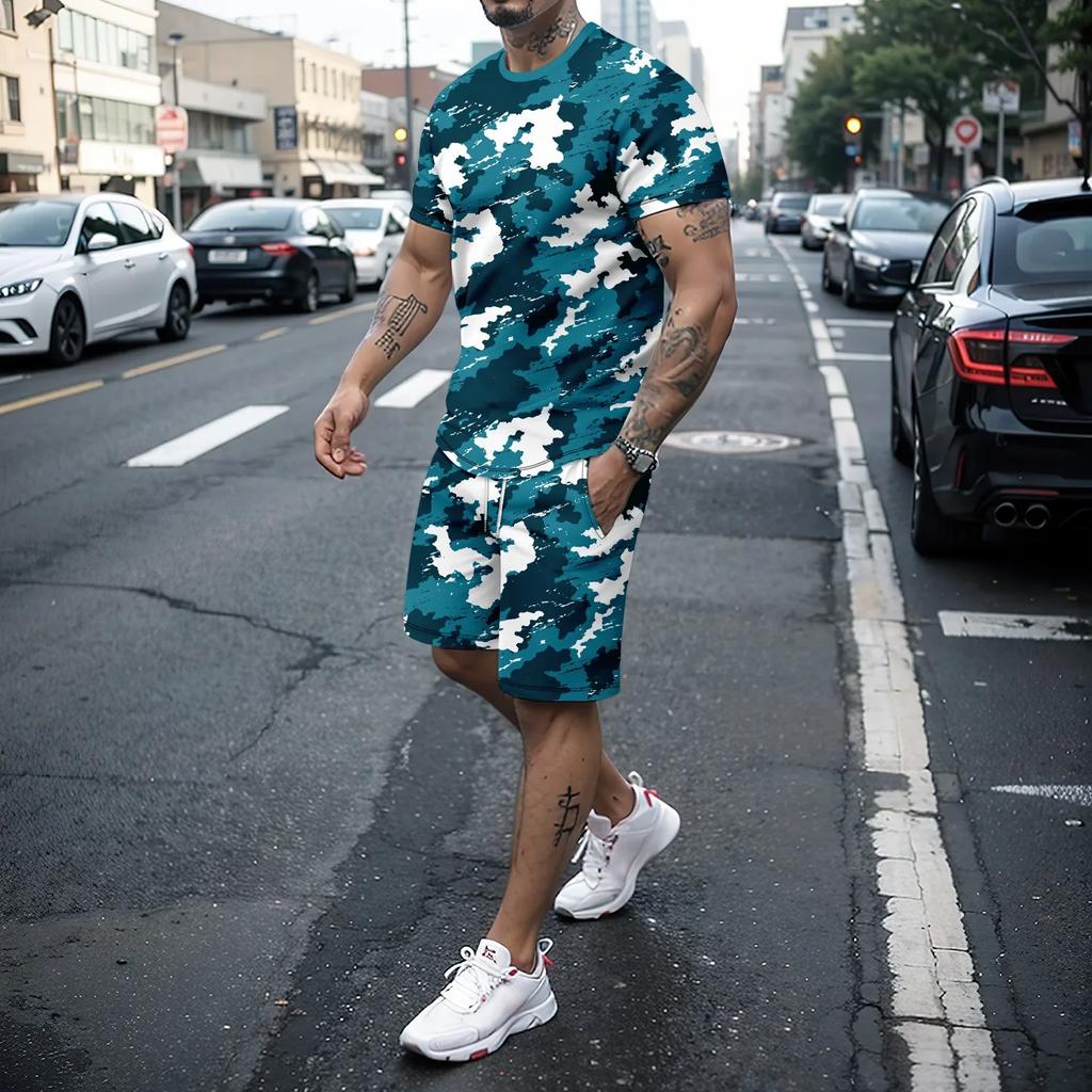 Two Piece Men's 3D Retro Military Style Summer Set Men's Short Sleeved T-shirt and Fashionable Shorts Travel Street Set