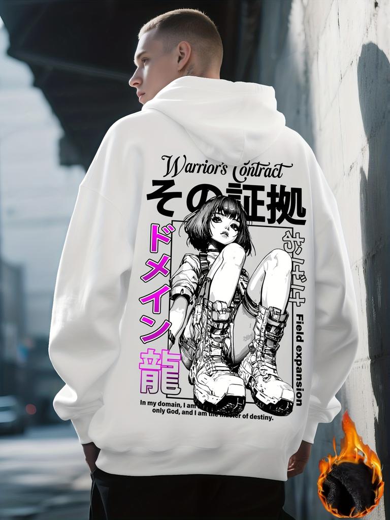 Men's Fall/winter Casual Sports Street Anime Manga Female Character Pattern Printed Outdoor Warm Hooded Sweatshirt