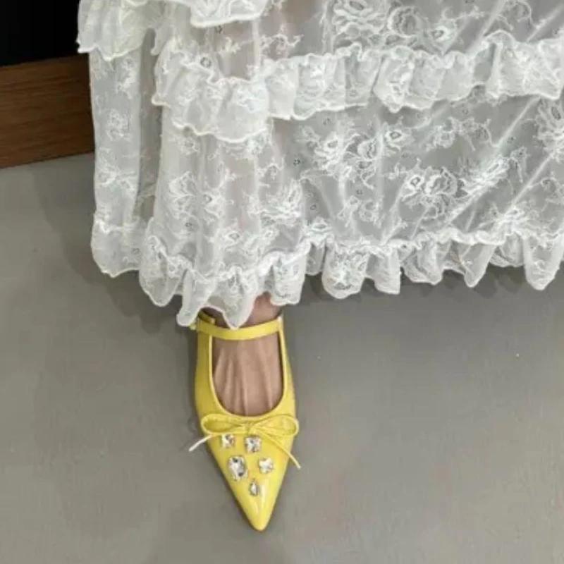 Luxury Crystal Women Flats Slippers Bow Pointed Toe Elegant Mules Shoes 2025 Summer Fashion Flip Flops Slides Sandalias Mujer