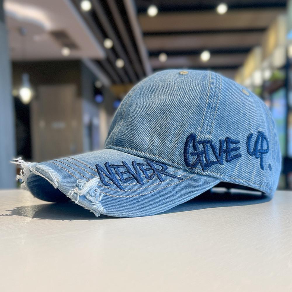 Vintage gewaschene Baumwolle Baseballkappe verstellbar Denim Loch Sonnenschutzmütze Bestickter Buchstabe Entenschnabelkappe Damen Herren