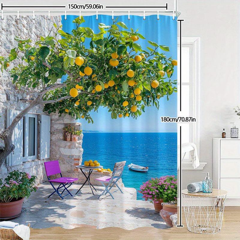 

Mediterranean Lemon Tree Shower Curtain Ocean View Waterproof Bathroom Decor Coastal Style Home Textile Artistic Nature Design 90x180CM