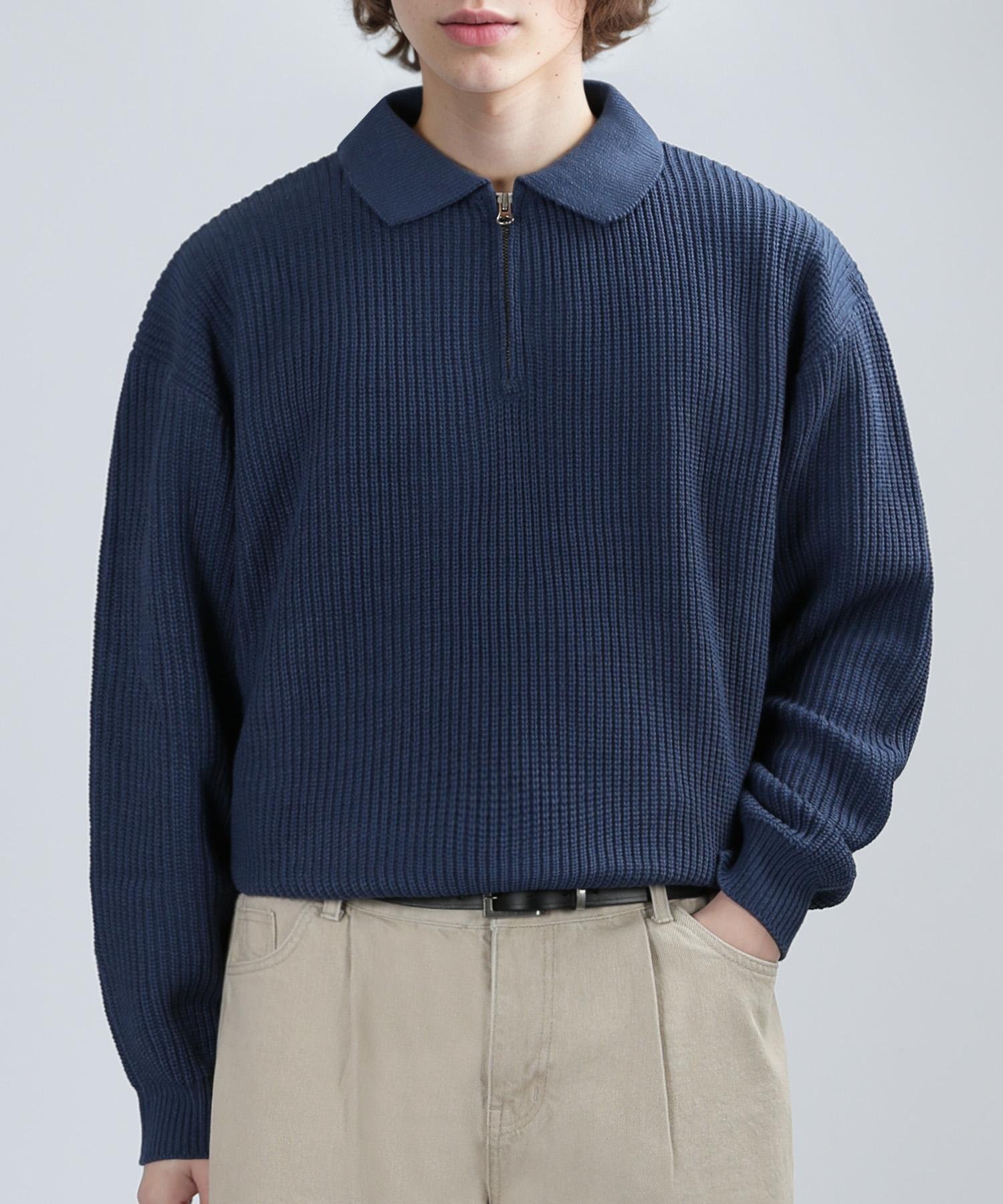 Berry Vein Zip-Up Collar Knit (Dark Blue) One Size