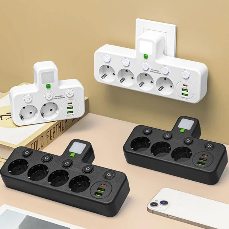 EU Wall Plug Power Strip – 2 Versions: Standard or with USB Type-C, Wall Charger for Home & Office