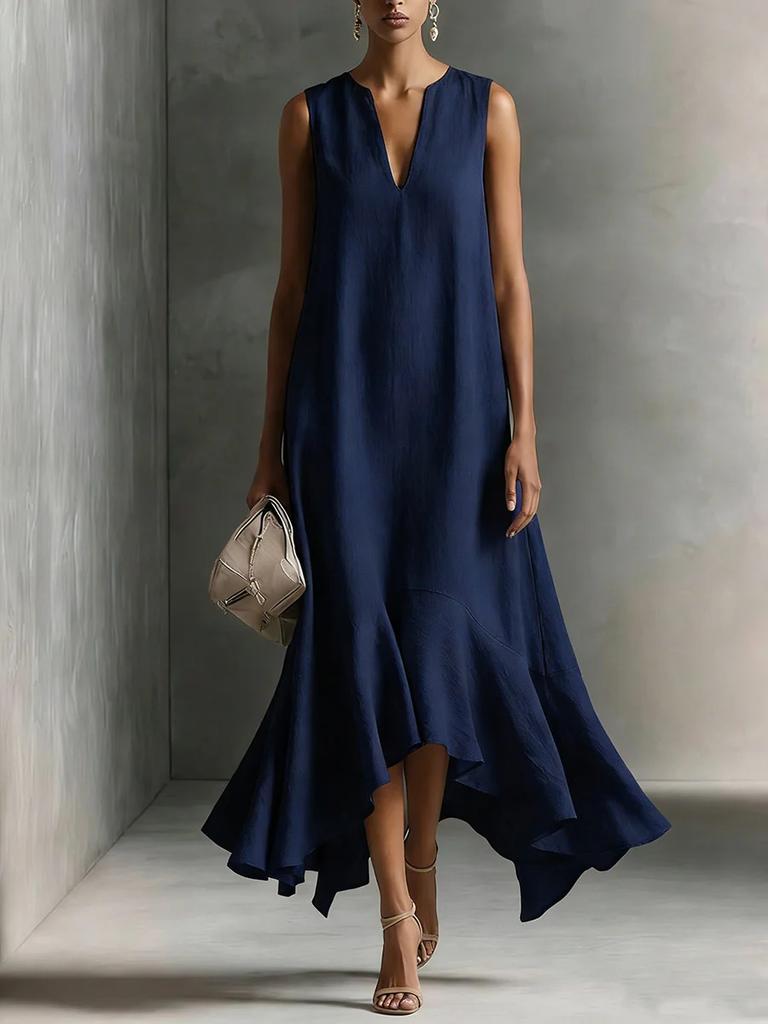 Fashion Deep V-neck Sleeveless Elegant Slimming Irregular Hem Dress