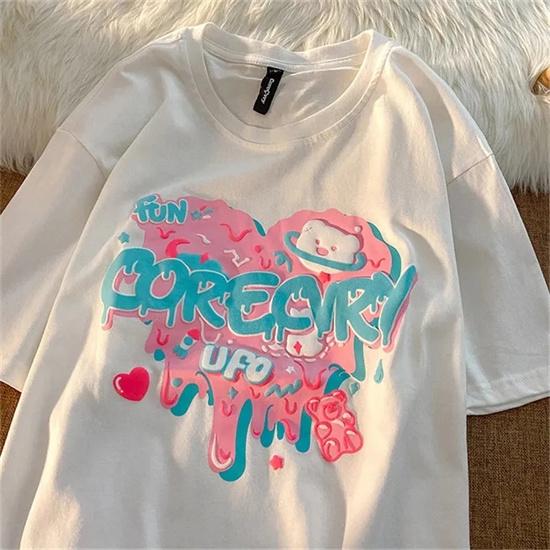 Kısa kollu tişört Kadın Gevşek Aşk Ayı Mektup Baskı Öğrenci Ceket Retro Kawaii Y2k Kızlar Büyük Boy Yaz O-Boyun Kadın