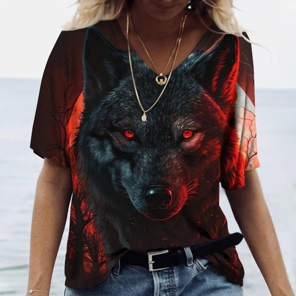 Summer V-neck 3D Animal Pattern Printed Top Fashionable Casual Short Sleeved Women's T-shirts