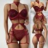 Lace Sheer Lingerie Set with Adjustable Straps and Garter Belt for Women Includes Bra Panty and Neck Strap Design