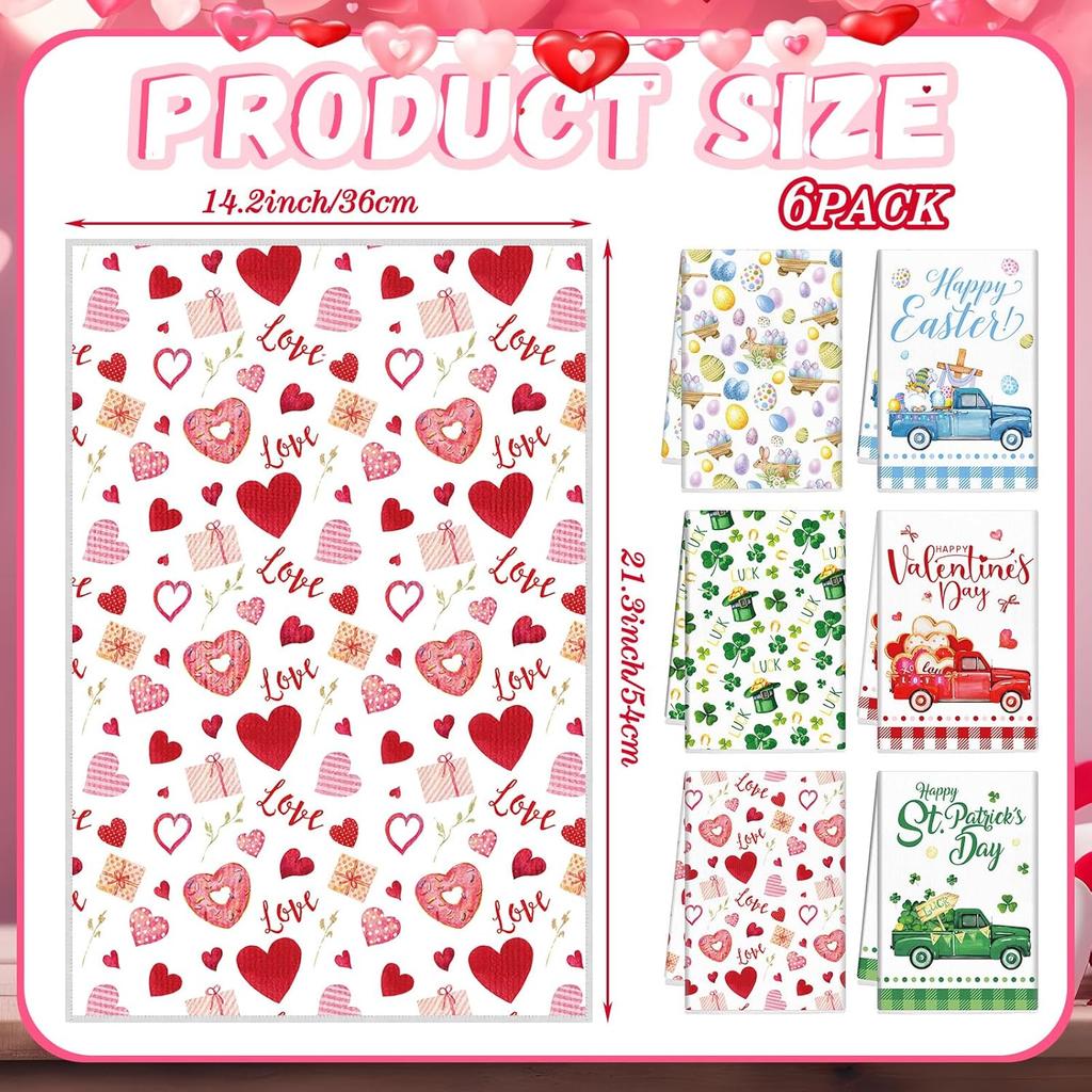 6 Pcs Seasonal Kitchen Towels Valentine's Day Hand Towels St Patrick's Day Easter Dish Towel Set Holiday Heart Shamrock Egg Tea Towel for Kitchen