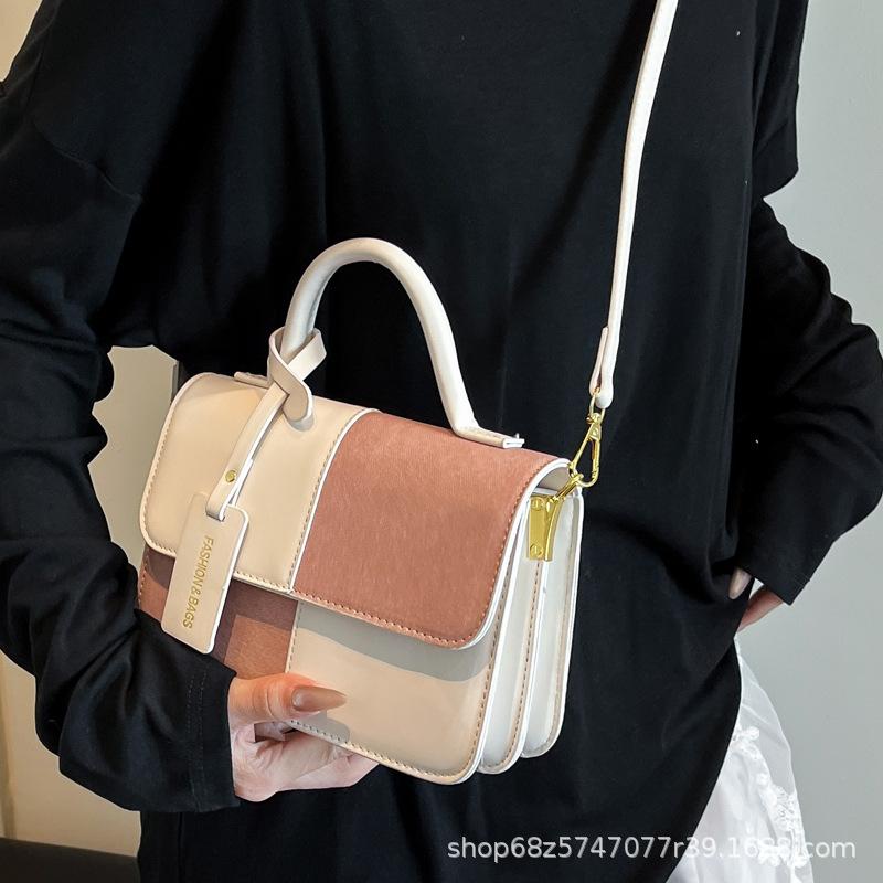 Bag Women's Retro 2025 New Niche Design Splicing Fashion Portable Small Square Bag Premium Shoulder Crossbody Bag