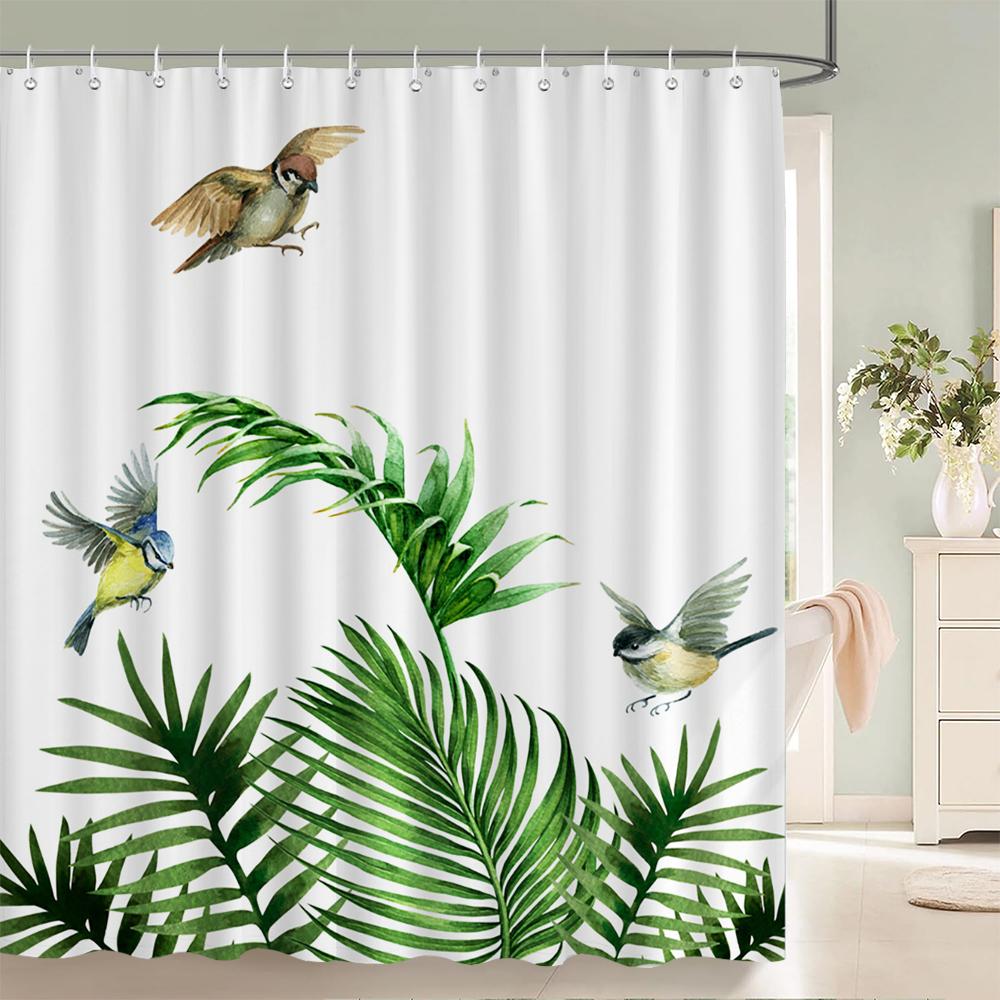 1 pack of Green leaf plant pattern polyester shower curtain bathroom partition curtain with hooks home decorative curtain