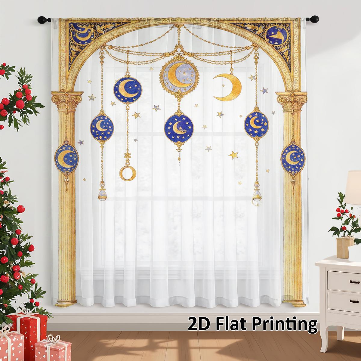 

Ramadan Moon Background Semi Transparent Filter Window Curtain Privacy Light Control Suitable Living Room Bedroom Curtains Single Panel Polyester Area W100*H70(CM)-Grommet top&2PCS