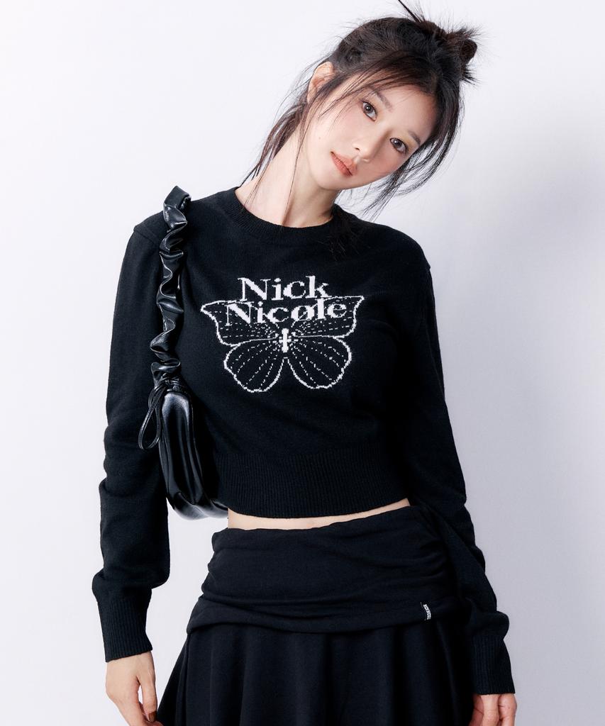 Nigaennikol Cashmere Butterfly Signature Crop Knit_Black