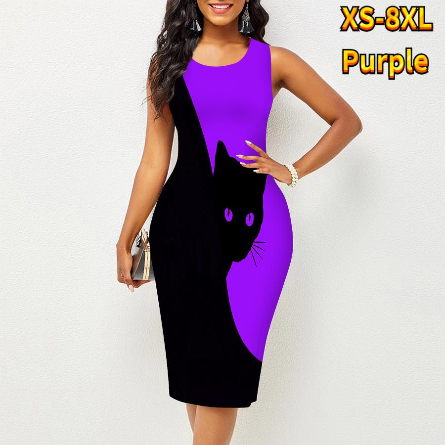 Damen Kleid Sling Sommerschwarz Katzendruck Kleider Eng Ärmellos Slim Fit Sexy Fashion Top Kleidung