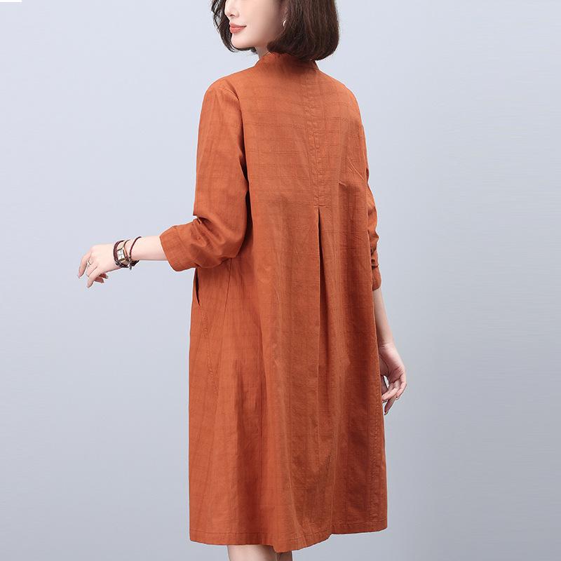 2024 Casual Loose-Fit Pure Cotton Dress for Middle-Aged Women: Long-Sleeved, Belly-Covering, Age-Reducing for Spring and Autumn