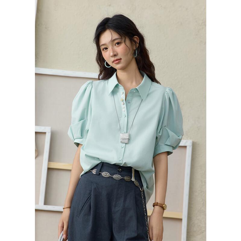 Mishow Women s Aqua Green Puff Sleeve Tencel Blend Lapel Blouse L