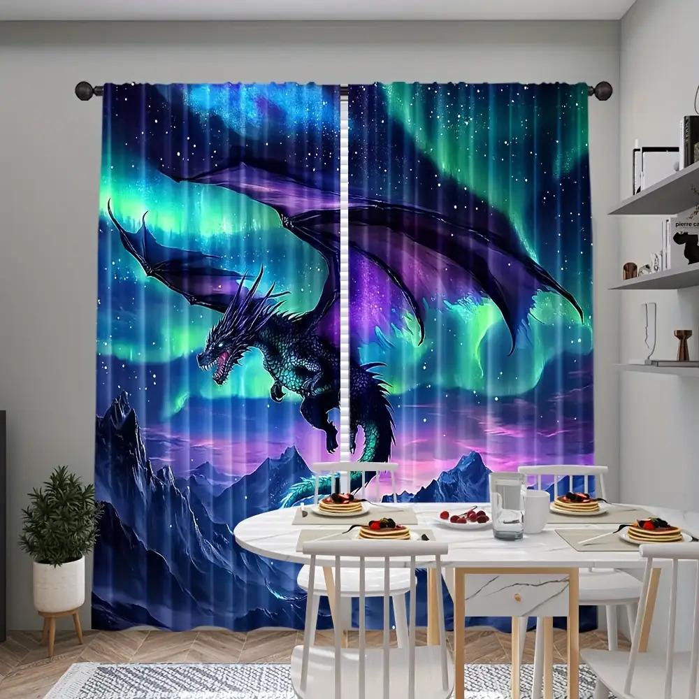 2pcs Elegant Dragon Battle Print Curtains- Vibrant Aurora& Mountain Scene, Polyester, Light-Filtering, Rod Pocket, Machine Washa