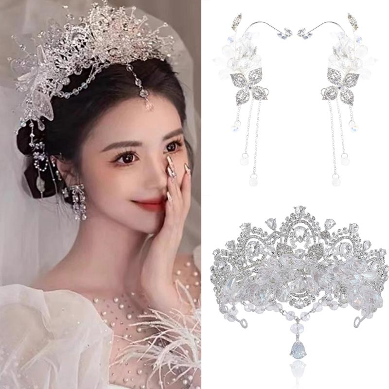 Crystals Bridal Headband with Forehead Chain Adjustable Wedding Crown/Ear Hangers Jewelry for Photography and Ceremony