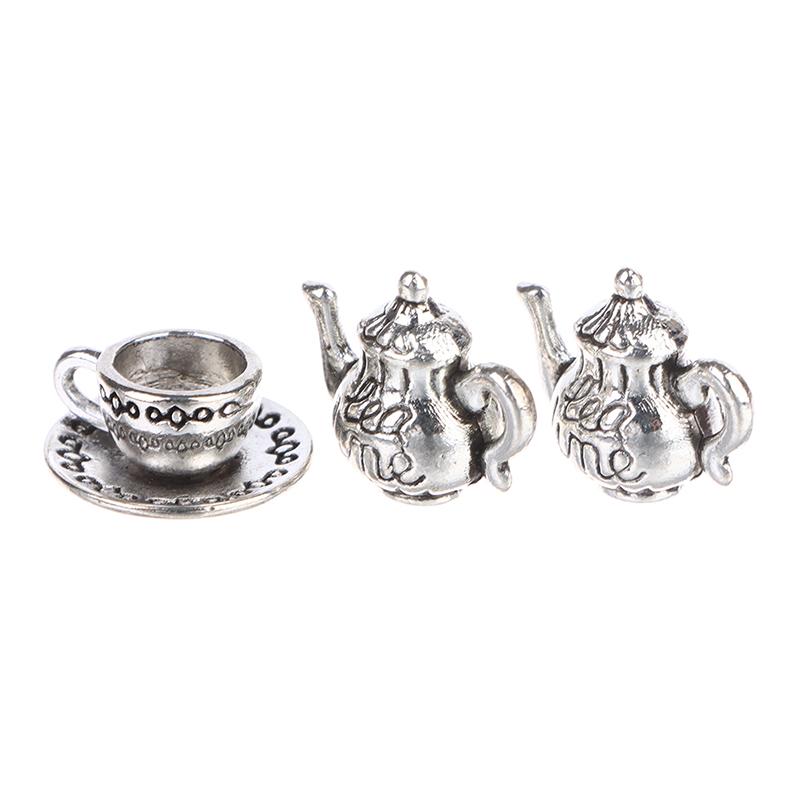 3Pcs 1:12 Dollhouse Miniture Teapot Cup Plate Toy Metal Tea Set Accessories