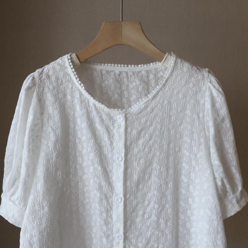 Bi Zheng 2025 Summer Korean Lace Embroidered Bubble Sleeve Women's Shirt