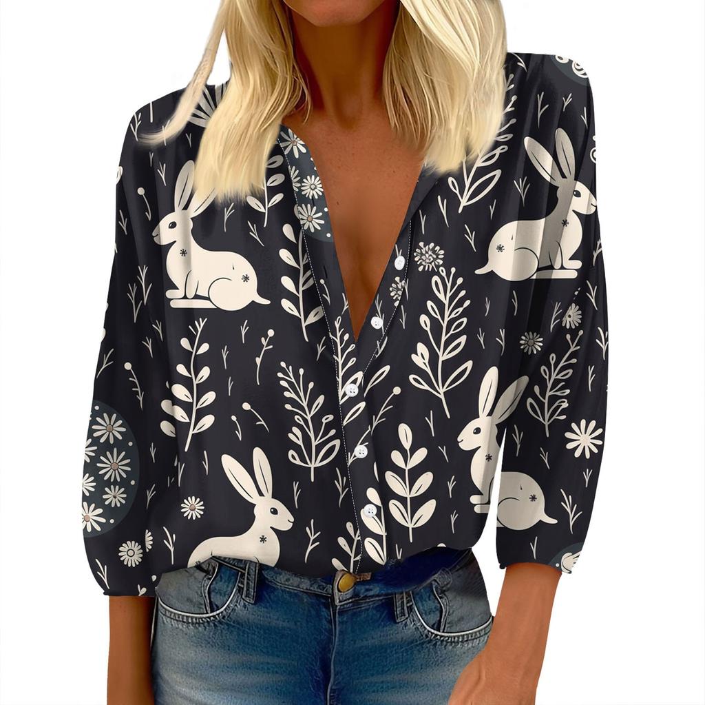 Women's Shirt Button Casual Easter Print Fashion Round Neck Drop Shoulder Seven Sleeve Shirt Top