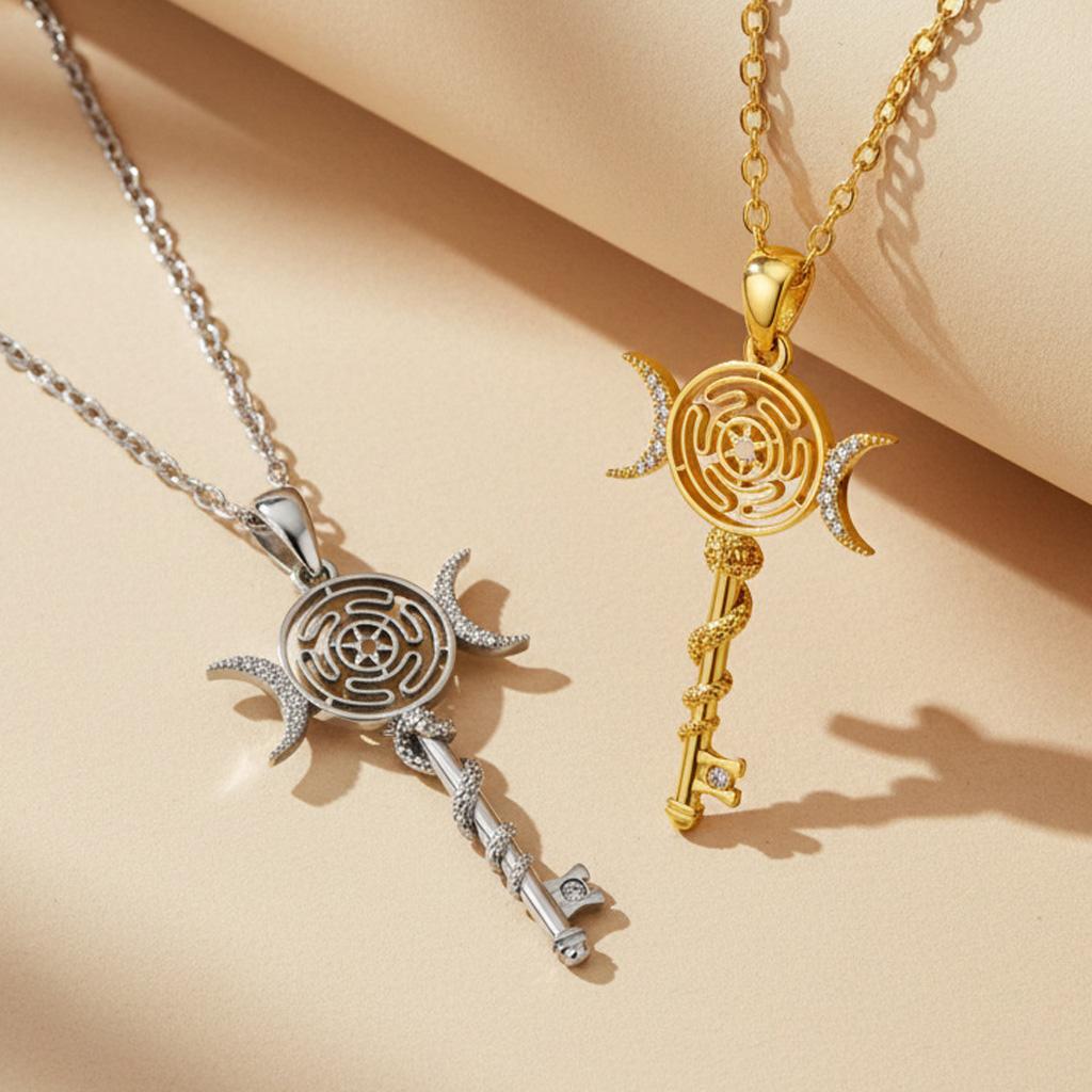 Original Witch Hekate Wheel Pendant Necklace Thai Silver Snake Key Triple Moon Goddess Chain Necklaces Wicca Magic Jewelry