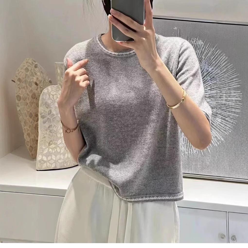 Knitted Short-sleeved Women's Spring and Summer New Fashionable and Elegant Versatile T-shirt Contrasting Style Base Shirt Top