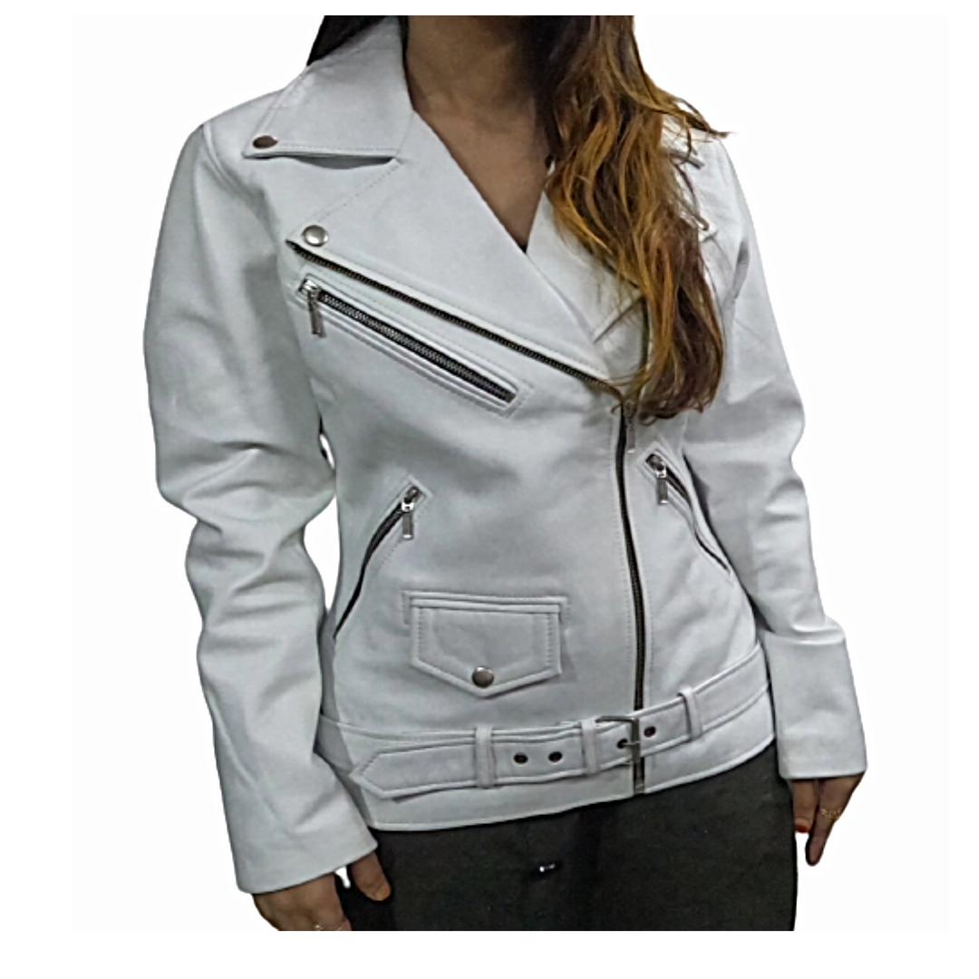 

Жіноча мотоциклетна біла натуральна шкіра, модель для вечірок Racer Biker Cafe, шкіряна куртка з мініатюрним шкіряним поясом. XXL білий