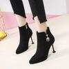 Black Pointed Toe Rhinestone Woman Short Shoes Autumn Winter Fleece-Lined Heeled Ankle Boots for Women New In Trend 2025 Booties