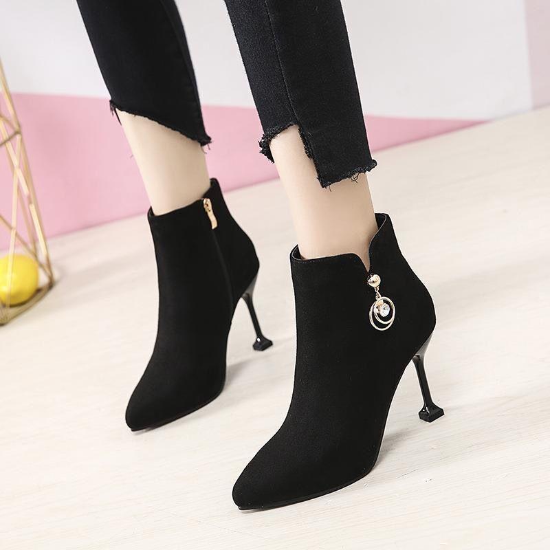Black Pointed Toe Rhinestone Woman Short Shoes Autumn Winter Fleece-Lined Heeled Ankle Boots for Women New In Trend 2025 Booties