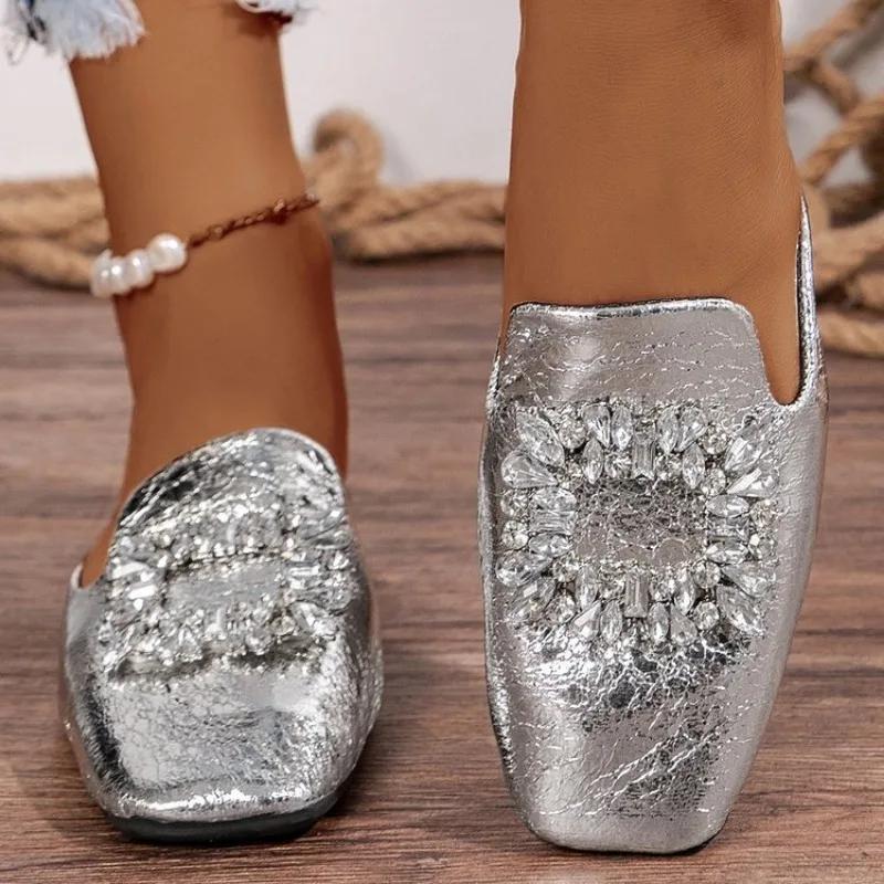 Silver Mules Women's Slippers 2025 Summer Fashion Crystal Slippers Ladies Outdoor Flip Flops Shoes Women Square Toe Flat Sandals