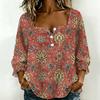 Women Square Neck Blouse White Black Ink Floral Print Ruffle Three Quarter Sleeve Shirt