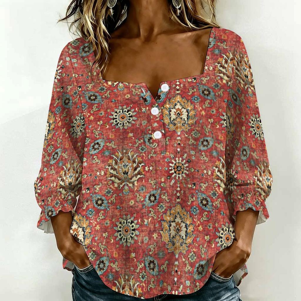 Women Square Neck Blouse White Black Ink Floral Print Ruffle Three Quarter Sleeve Shirt