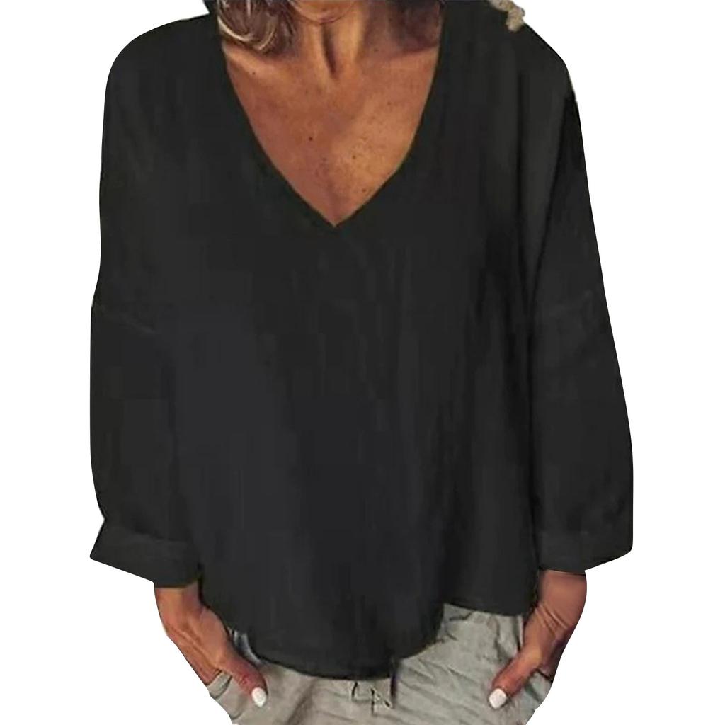 Women's Cotton And Linen Solid Color V-neck Long-sleeved T-shirt