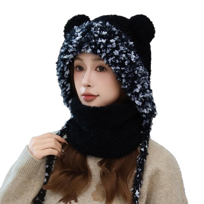 Căciulă Pluș Urechi Urs Drăguț Colorat Boabe de Zahăr Eșarfă de Exterior Set Cald pentru Toamnă și Iarnă Pălărie cu Boruri pentru Cap Mare