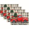 4/6pcs Vintage Red Truck & Christmas Tree Plaid Merry Christmas Place Mats - 12x18 Inch Polyester, Machine Washable, Perfect for Holiday Gatherings,