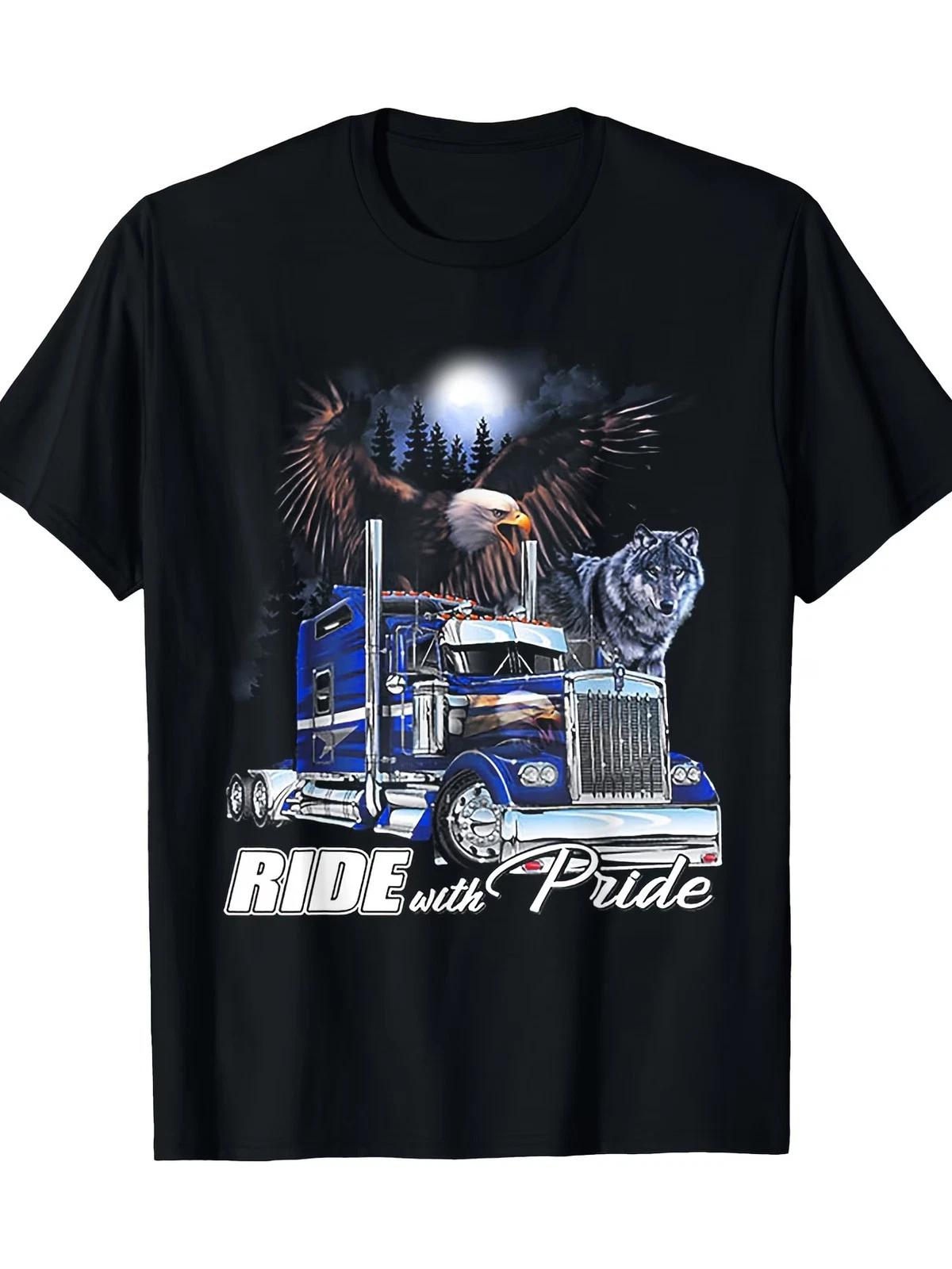 s Ride with Pride Trucker T-Shirt - Semi-Truck, Eagle, Wolf & Motorcycle Rider S