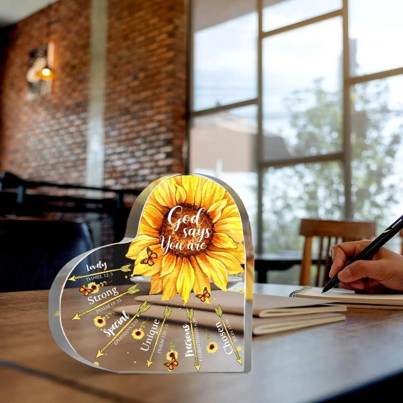 2D Flat Sunflower Christian Acrylic Religious Gifts Desktop Decoration Plaque, Home Decor Plaque Hanging Wall Art Decorative Garden Decoration for Roo