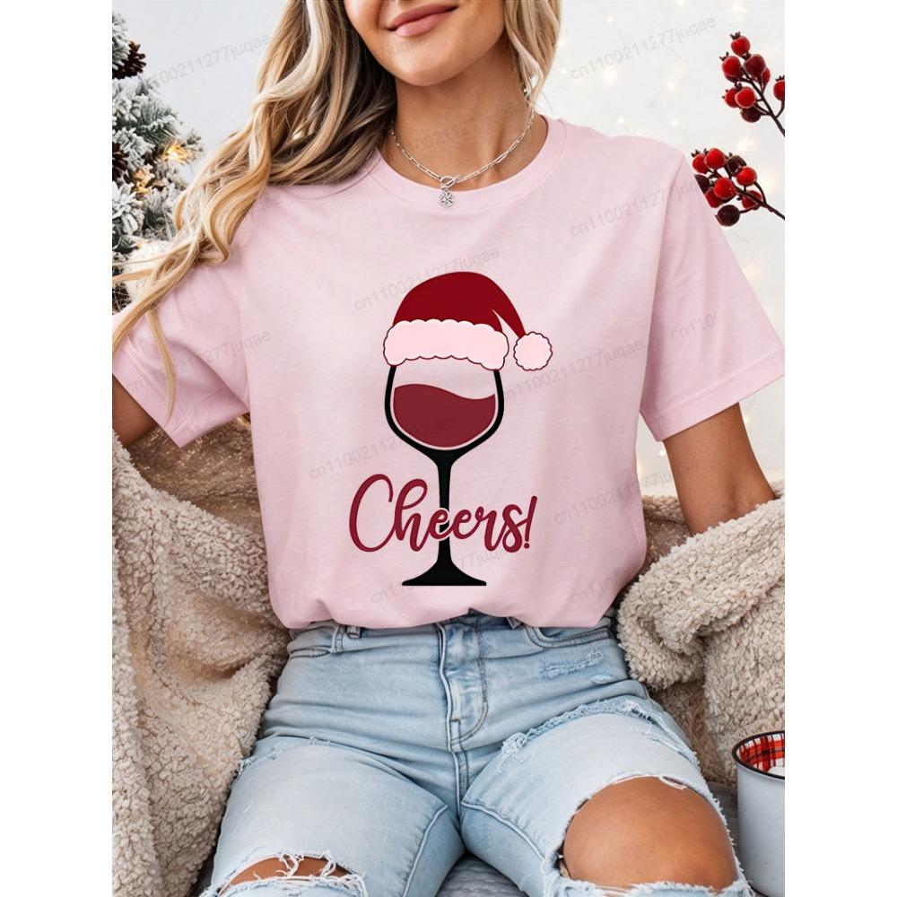 Drinking Christmas T‑shirt Funny Cheers Wine Graphic T-Shirts Short Sleeve Tee Casual Xmas Holiday Tops Gift for Wine Lovers