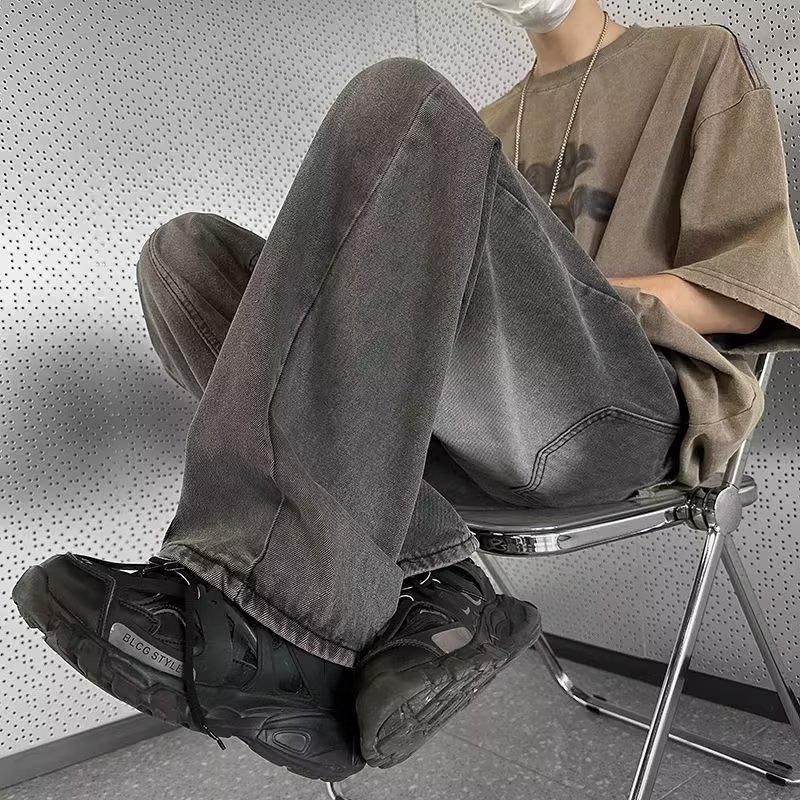 Spring youth popular ins loose straight zipper trousers spell material tide wash new middle waist men's jeans