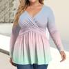 Women's Plus Size Shirt Long Sleeve  Print Top Pleated Casual V-Neck Top