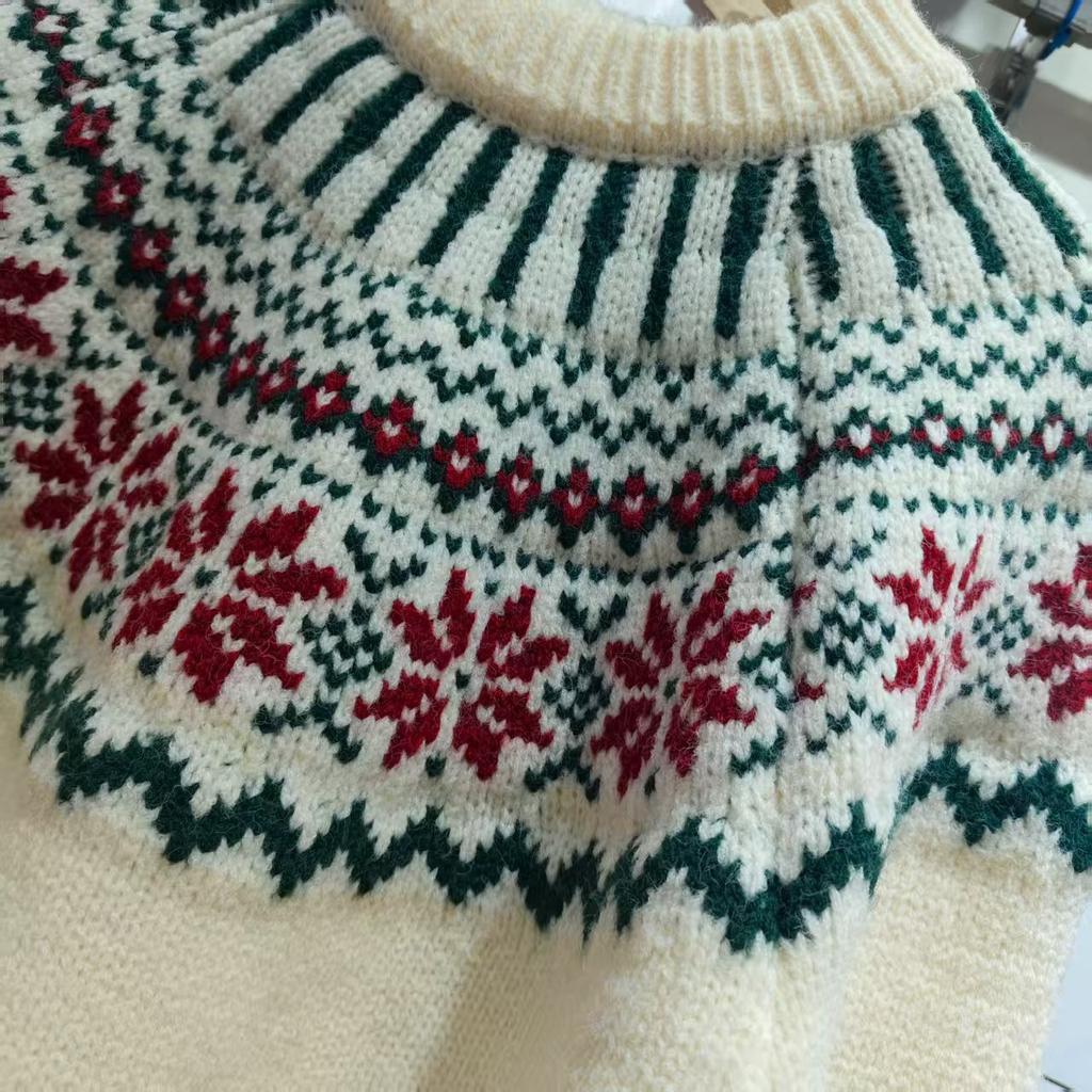 Vintage Jacquard Christmas Red Fair Island Sweater Women's Pullover Loose Autumn and Winter Lazy Knitted Sweater Women's Versatile