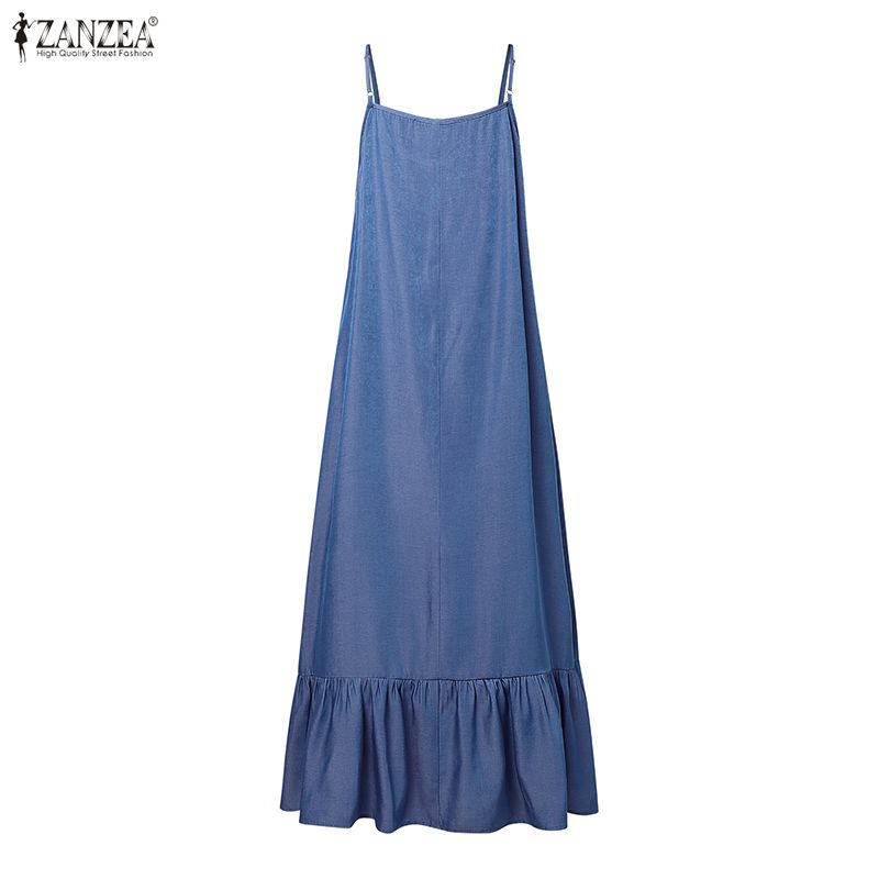 ZANZEA Women Casual V-Neck Loose Sleeveless Straps Long Dress