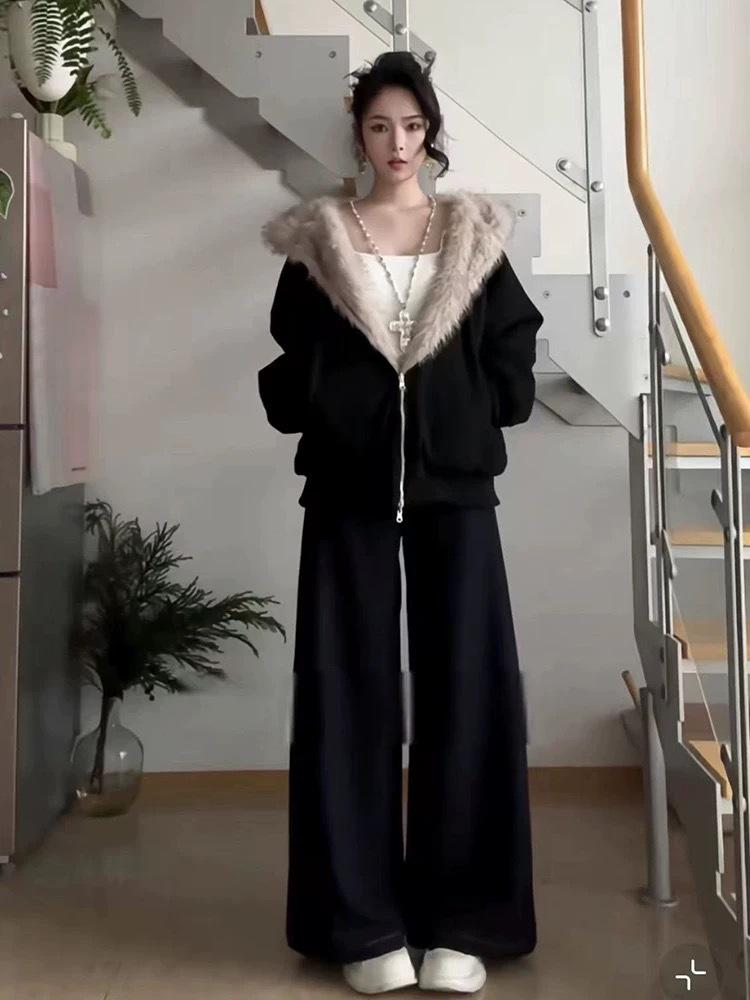 

In Stock: Women s Thickened Fluffy Fur Collar Cotton Jacket with Plus Velvet XL чёрный