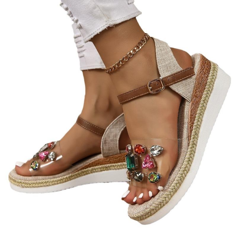 Spring and summer new open-toed large-size colored diamonds transparent one-word women's wedge heel sandals platform hemp rope sandals women