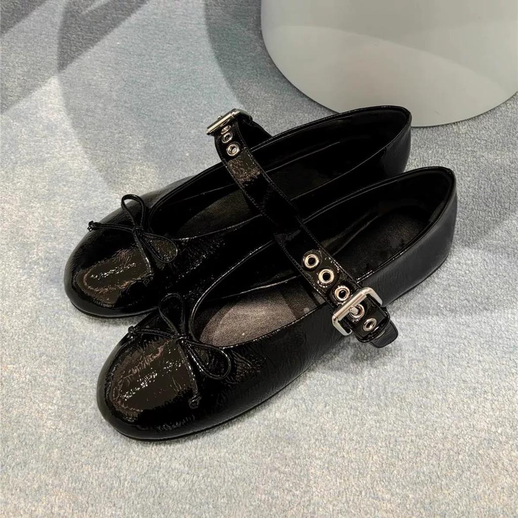 Sheepskin version~ French design belt buckle flat bottom shallow mouth single shoes women's bow round head Mary Jane shoes women's shoes