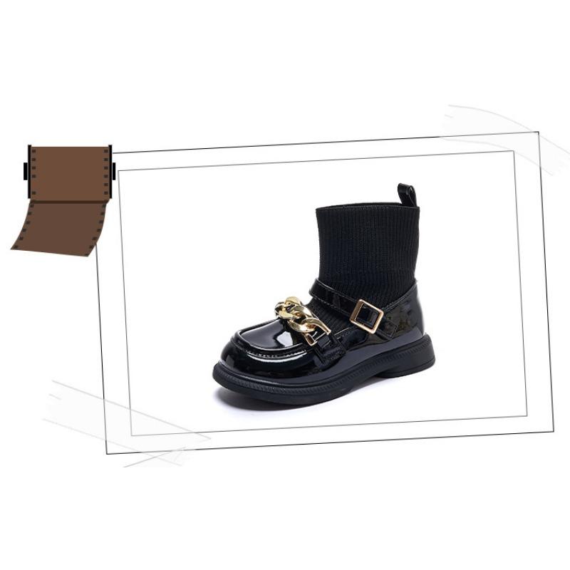 Korean Version of the New Children's Boots British Style Knitted Socks Boots Fashion Chain Foreign Style Princess Leather Boots